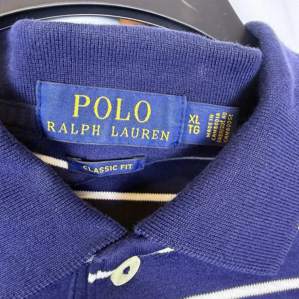 Polo Ralph Lauren Mens XL Classic Fit Polo Navy White Striped Flesh Pony